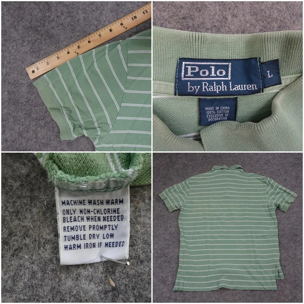 Ralph Lauren Polo Shirt Mens Large L Green Short Sleeve Striped Cotton Pony